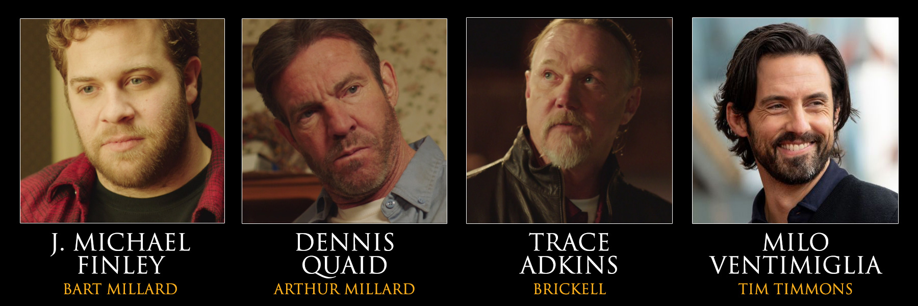 The Cast of I Can Only Imagine 2: John Michael Finley as Bart Millard, Dennis Quaid as Arthur Millard, Trace Adkins as Brickell, and a new addition—Milo Ventimiglia as singer-songwriter Tim Timmons.